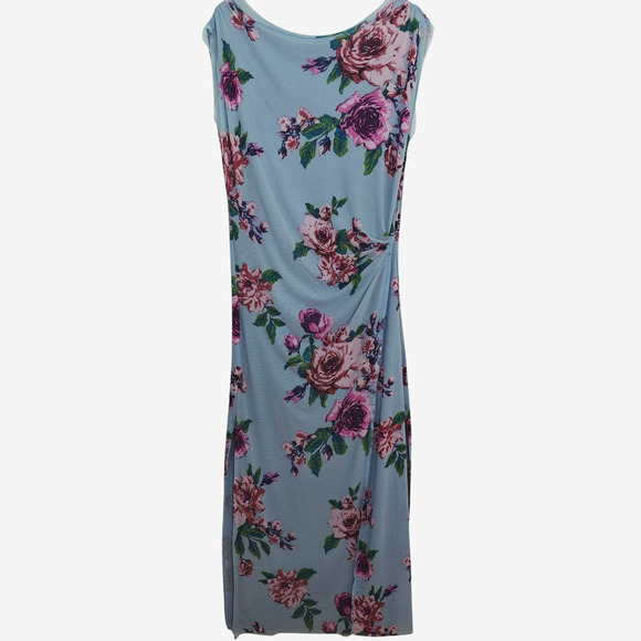 Free People Floral Carmel Mesh Midi Dress Size Medium Blue Stretch Side Slits - Picture 2 of 13